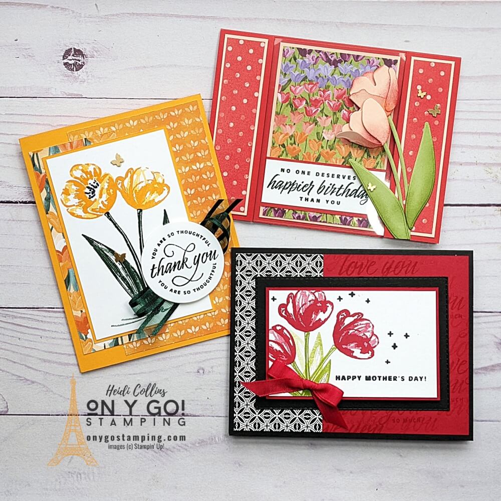 Use the Flowering Tulips stamp set from Stampin' Up! to create beautiful spring cards for birthdays, Mother's Day, thank you cards, and more!