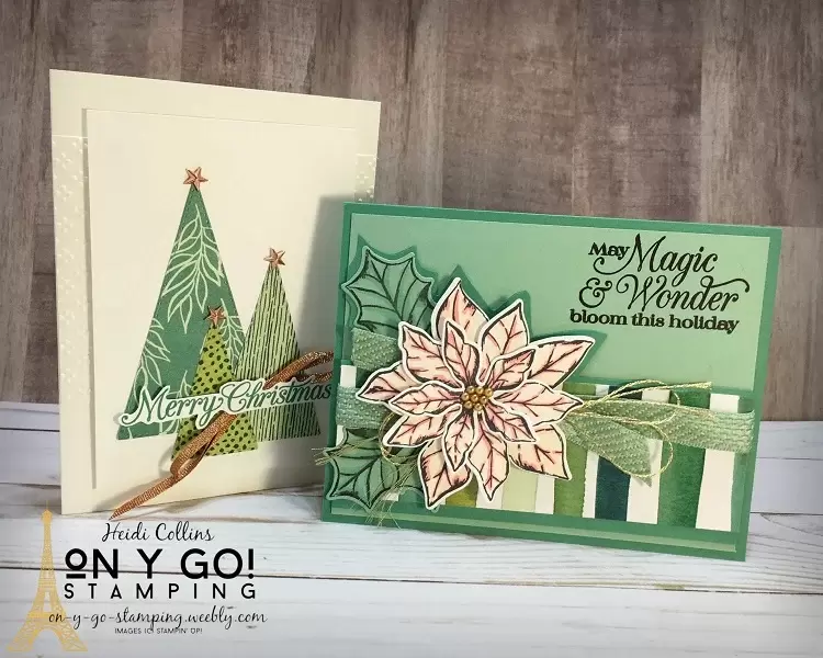 Christmas Card Making Ideas using the Forever Greenery patterned paper, Poinsettia Petals stamp set, and Stitched Rectangle dies from Stampin' Up!