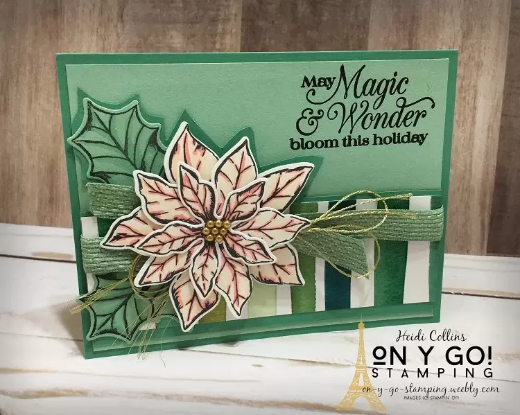 Holiday Card Design using the Poinsettia Petals Stamp set and Forever Greenery patterned paper from Stampin' Up! Who says you have to use Christmas paper to make Christmas cards?