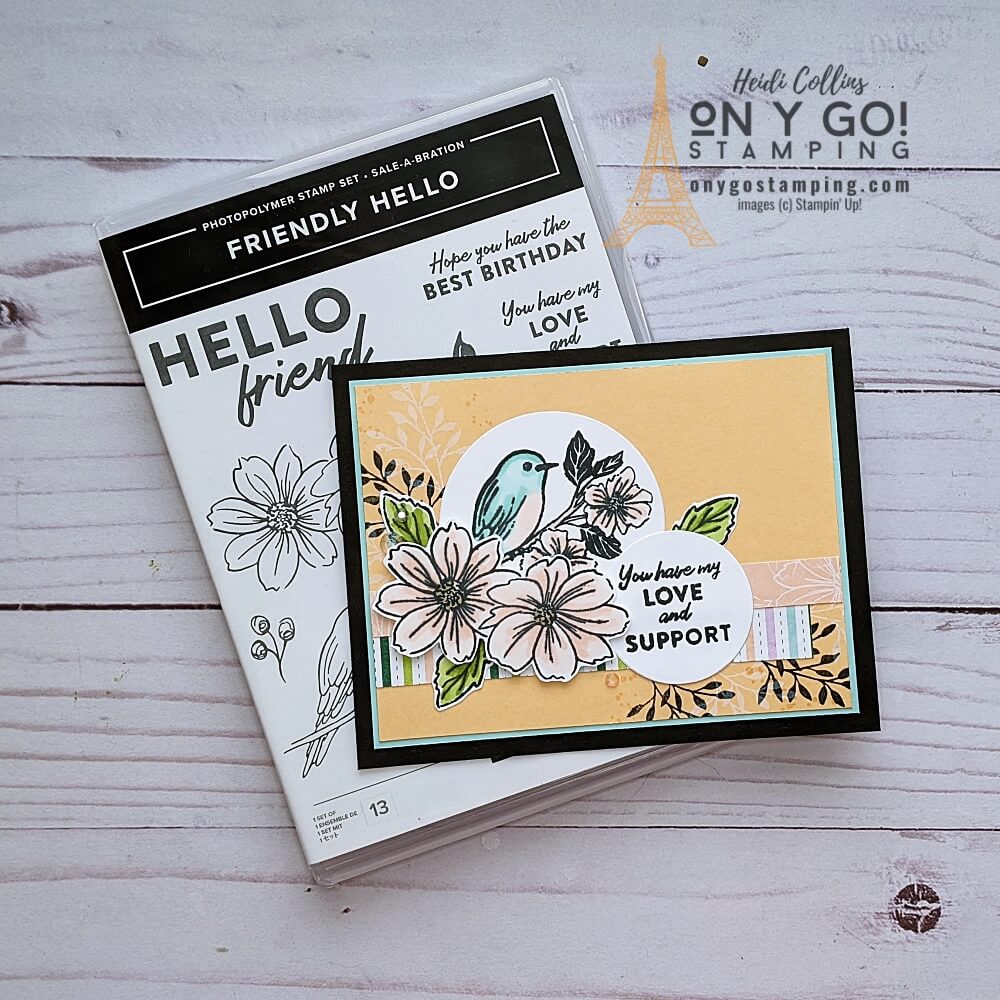 Encouragement card with the Friendly Hello stamp set and patterned paper from Stampin' Up! Get this bundle FREE with a qualified purchase during Sale-A-Bration 2022.