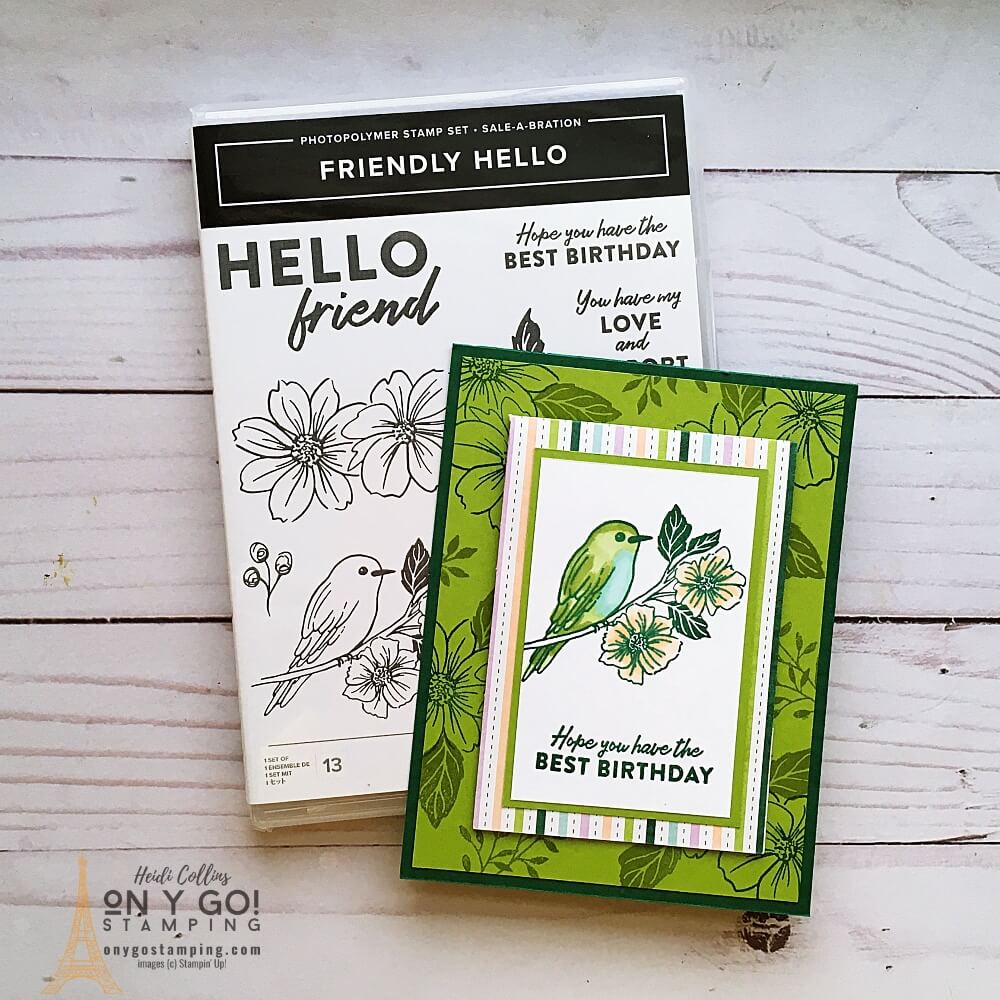 Fun fold card idea with the Friendly Hello stamp set and patterned paper. This fancy fold card is also a gift card holder. Get the Friendly Hello bundle FREE during Sale-a-Bration 2022!