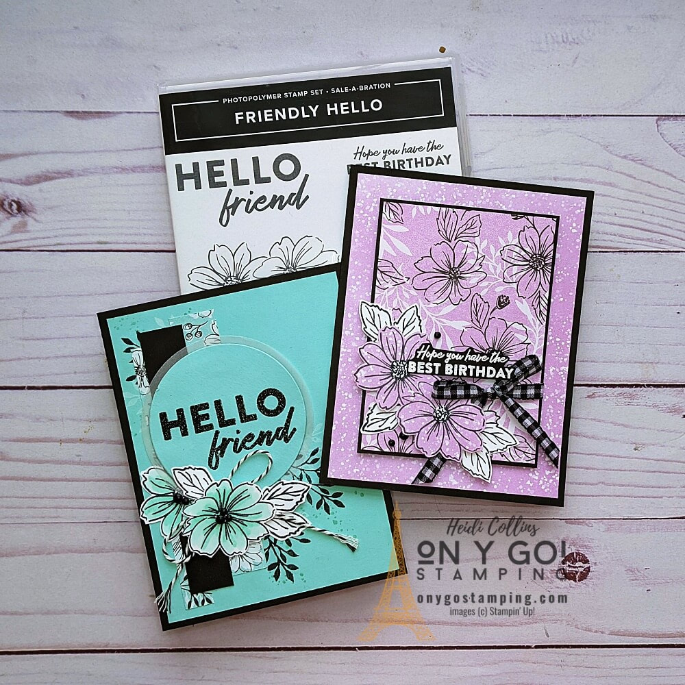 See how to create monochromatic cards with the Friendly Hello stamp set and patterned paper from Stampin' Up! Get the cutting dimensions and supply lists for these handmade cards.