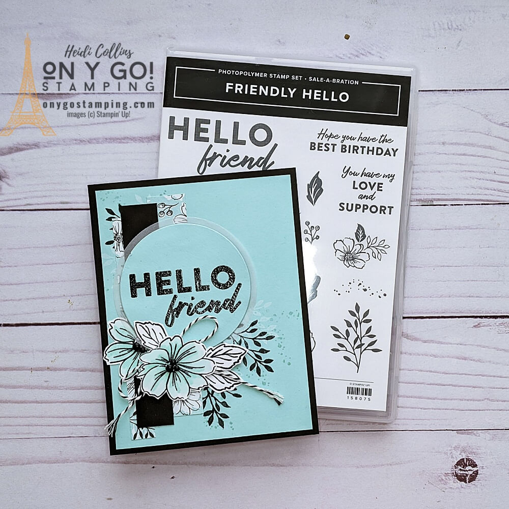 Monochromatic card made with the Friendly Hello bundle from Stampin' Up! See the complete supply list and cutting dimensions.