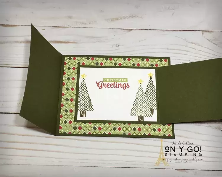 Inside of a fun fold card design using the Tree Angle stamp set and Heartwarming Hugs patterned Paper from Stampin' Up!
