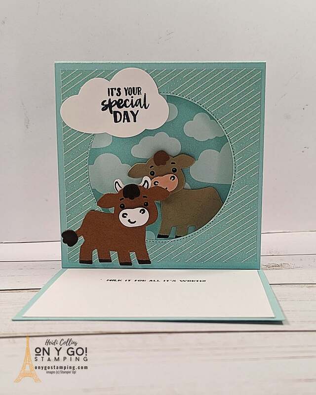 Inside of a fun fold shadowbox birthday card using the Cutest Cows bundle with the Sunny Days patterned paper from Stampin' Up!®️ See the step-by-step video tutorial for this fun fold card design.