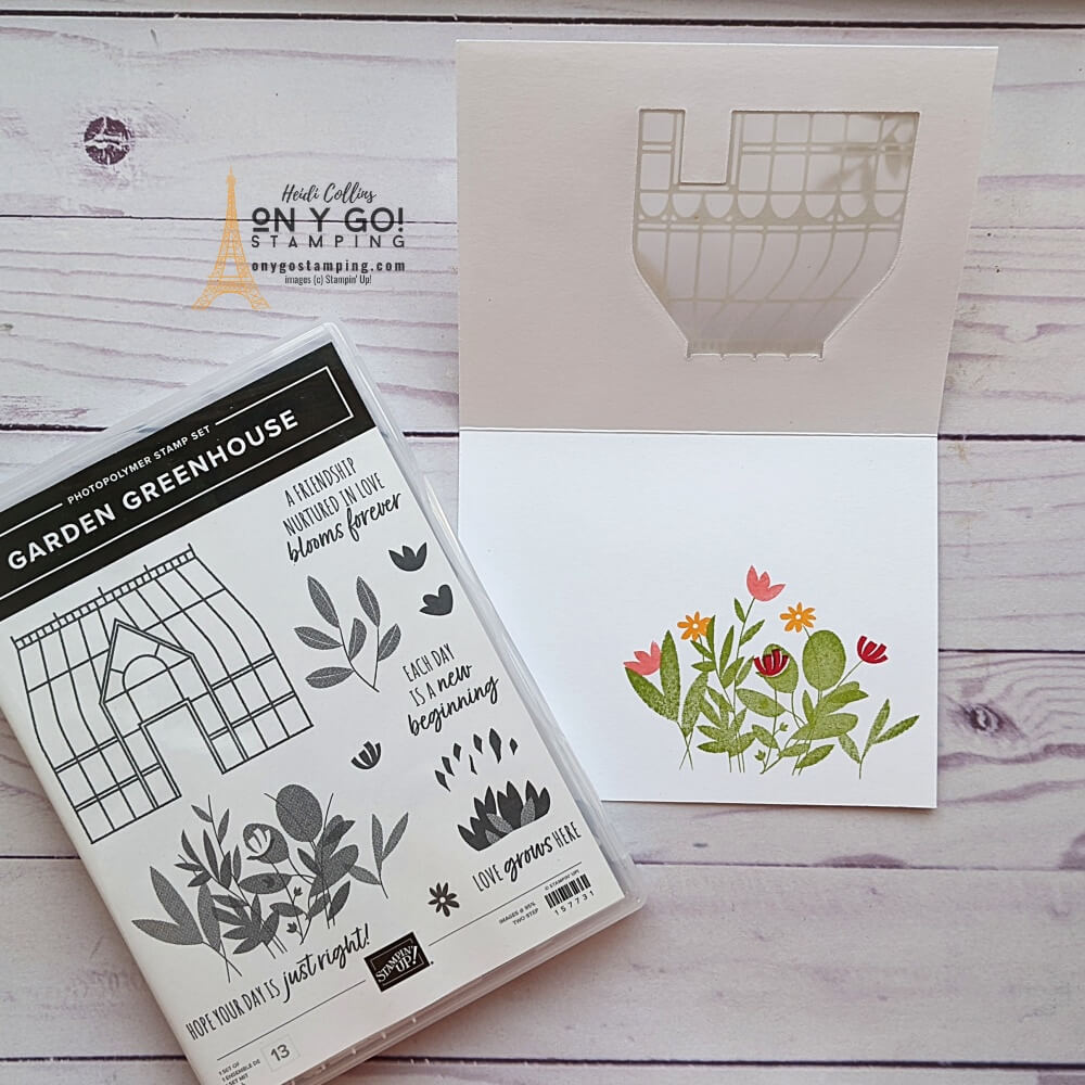 This handmade window card hides a cluster of flowers behind the greenhouse windows. The Garden Greenhouse stamp set and Greenhouse dies from Stampin' Up! are perfect for this frosted window card.