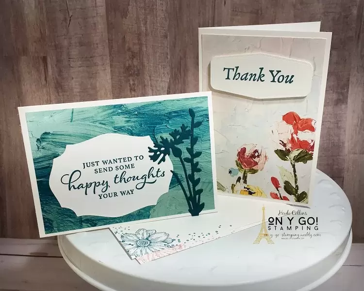 Thank you card ideas with beautiful florals. These note cards are made with the NEW Meadow dies, Fine Art Floral patterned paper, and the Happy Thoughts stamp set from Stampin' Up! Plus, see how to make a matching gift box for these beautiful floral cards.