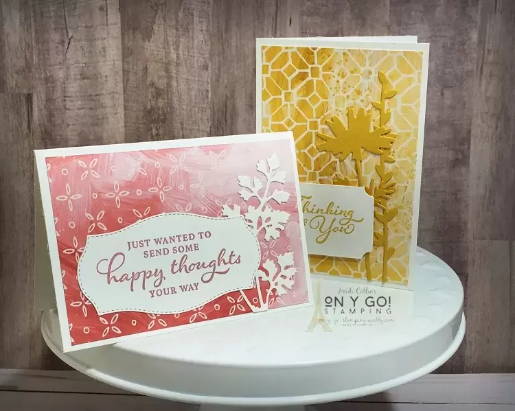 Floral thinking of you card designs using the Fine Art Floral patterned paper, NEW Meadow dies, and the Happy Thoughts Stamp Set from Stampin' Up! Plus, see how to make a matching gift box for these beautiful floral cards and envelopes.