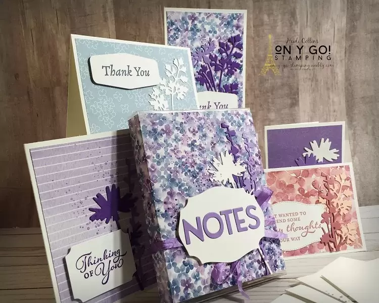 Mother's Day gift idea with the Hydrangea Hill patterned paper. These beautiful floral note cards are a perfect gift for mom as they tuck into an easy to make gift box. Plus this fabulous gift uses the NEW Meadow dies from the upcoming 2021-2022 Stampin' Up! Annual Catalog.