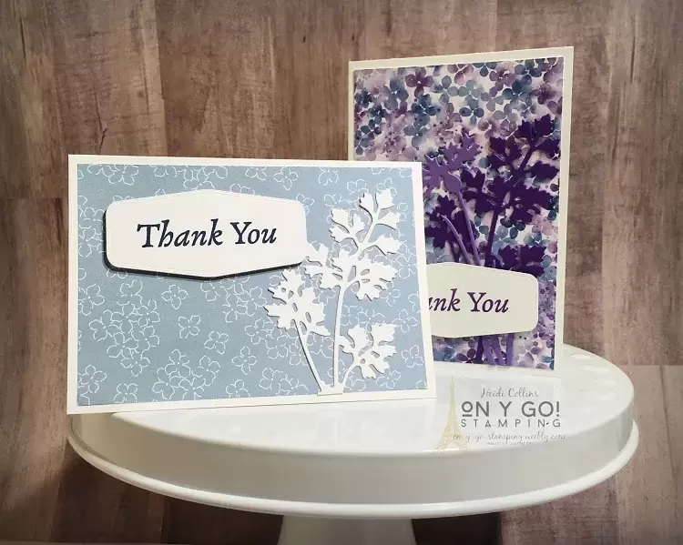 Floral thank you note cards with the NEW Meadow dies, Happy Thoughts stamp set, and the Tasteful Labels dies.