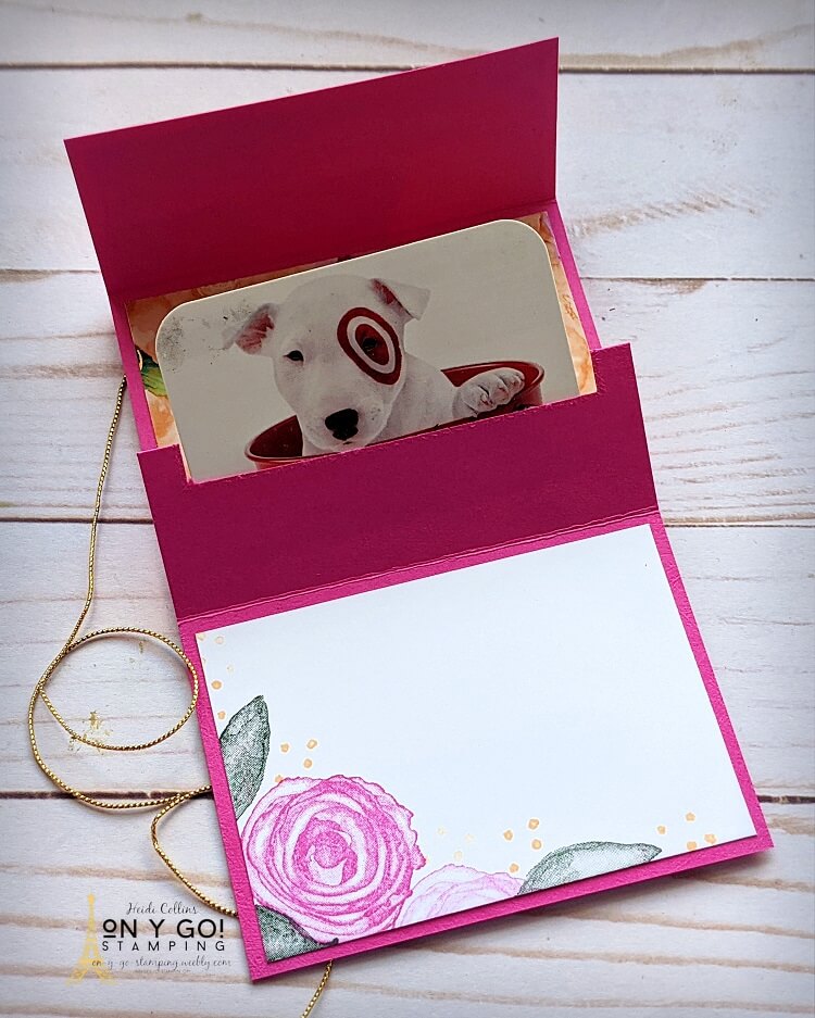 Inside of a floral card idea that is a pop-up gift card holder. This gorgeous floral design is perfect for summer weddings. Plus, it's easy to make!