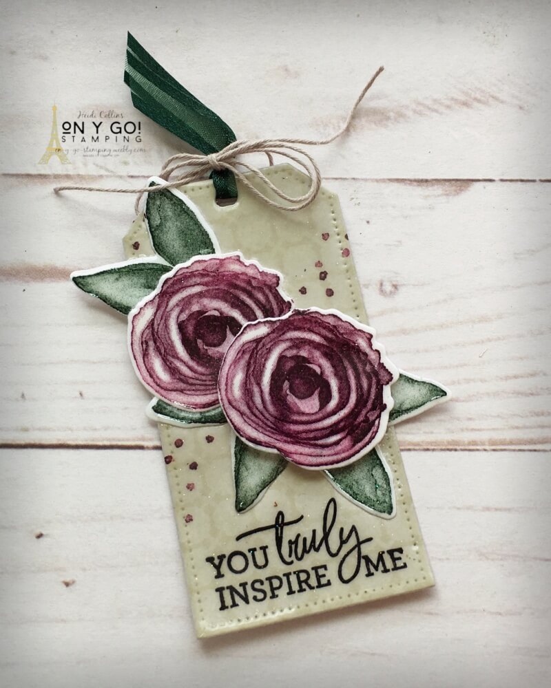 Playing with the 2021-2023 In Colors and unique color combinations to create this gift tag with the Artistically Inked stamp set from Stampin' Up! Also uses a fun rubber stamping technique of multi-dipped embossing for a beautiful shiny finish.