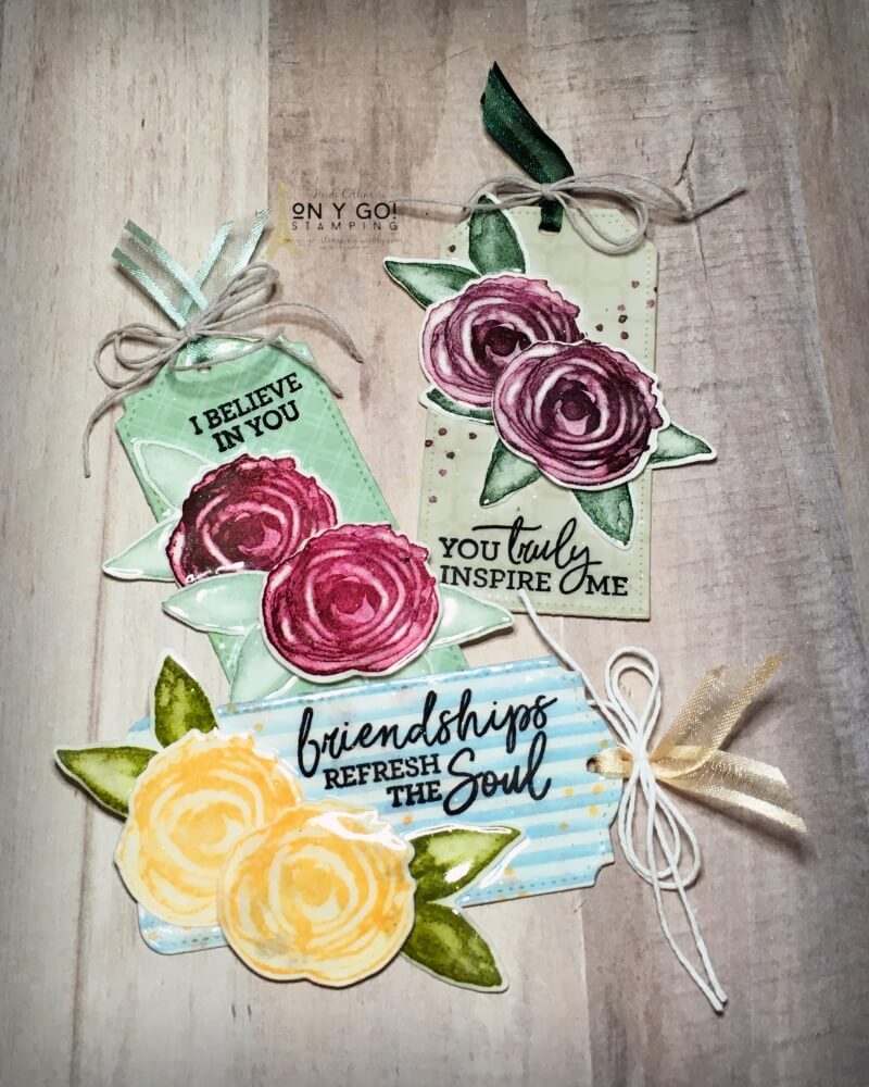 Gift tag ideas using a fun rubber stamping technique. Multi-dip embossing creates a beautiful glossy finish. Samples using the Artistically Inked stamp set and new 2021-2023 In Colors from Stampin' Up!