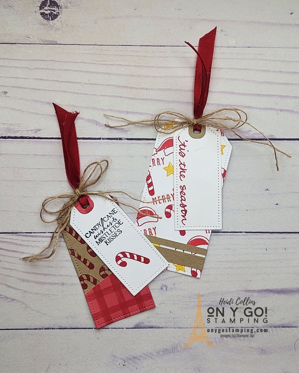 Handmade gift tags for Christmas using the Jingle Jingle Jingle stamp set from Stampin' Up! Use the Tailor Made Tags dies and scraps of patterned paper to make fun handmade gift tags.