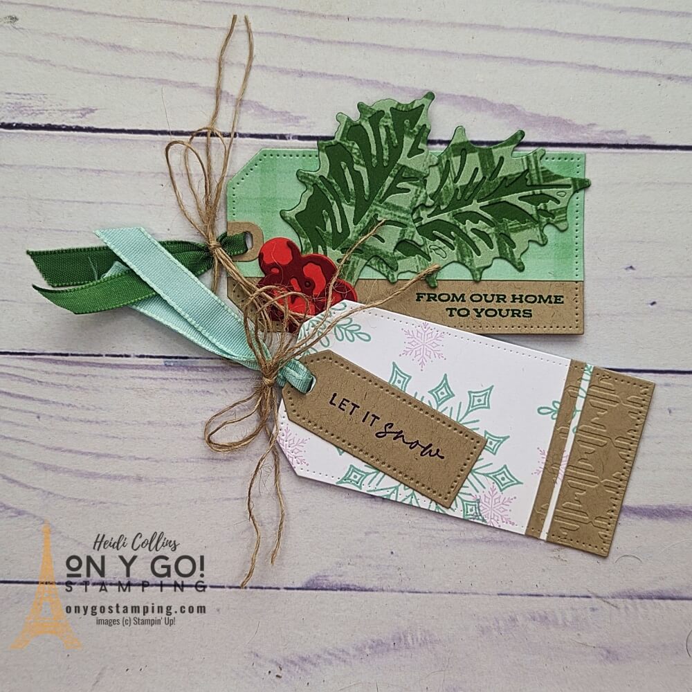 Create handmade gift tags for the holidays with the Holly Berry dies and the Joyful Flurry stamp set. Your Christmas presents will look fabulous with handmade gift tags.