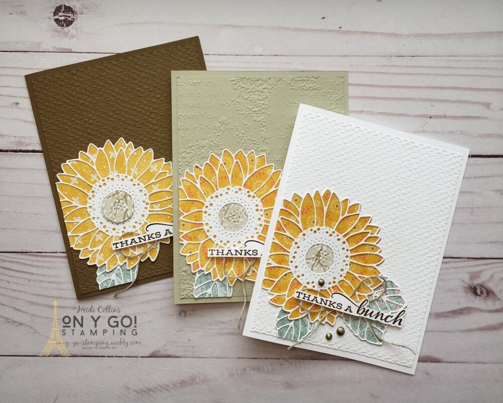 DIY Thank you cards with texture. Create beautiful sunflowers with patterned paper and the Sunflower dies from Stampin' Up!