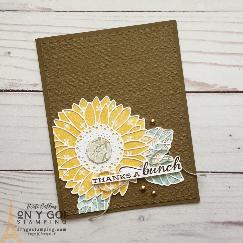 Create a handmade thank you card that is full of texture. I used the Harvest Meadow patterned paper and the Celebrate Sunflowers stamp set.