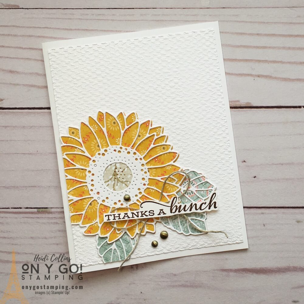 Create your own thank you card with patterned paper, dies, and the Celebrate Sunflowers stamp set. 