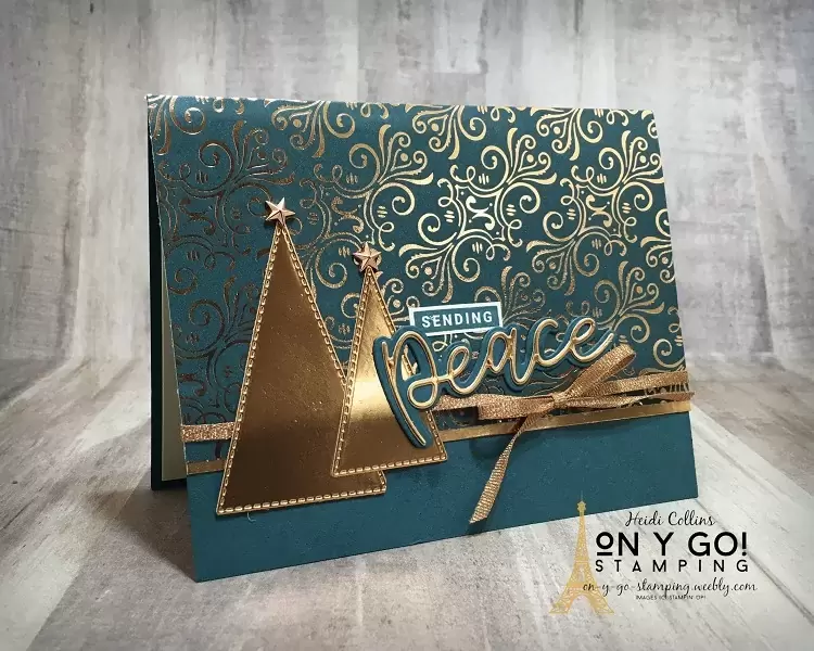 Simply elegant holiday card idea using the Brightly Gleaming patterned paper and the Joy and Stitched Triangle dies from Stampin' Up!