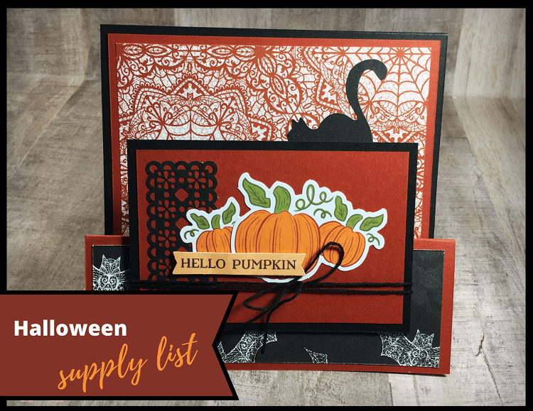 Supply list for a Halloween Double Easel card idea using the September Paper Pumpkin and the Magic in This Night patterned paper.