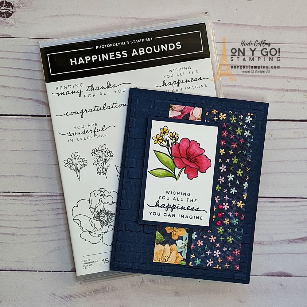 Sneak peek of the new Happiness Abounds stamp set and a simple card sketch. These stamps and patterned paper will be in the 2022-2023 Annual Catalog from Stampin' Up!