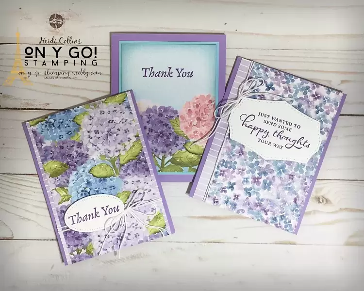 3 quick card designs using the Hydrangea Hill patterned paper, blending brushes, and the Happy Thoughts stamp set from Stampin' Up!