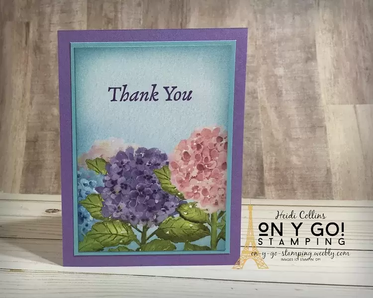 Quick and easy thank you card idea using blending brushes on the Hydrangea Hill patterned paper with the happy Thoughts stamp set from Stampin' Up!