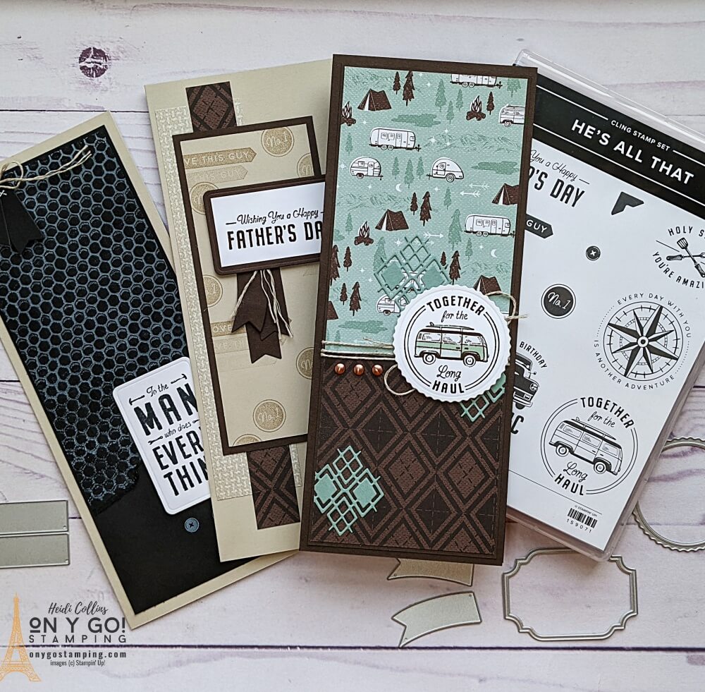 Easy slim line card ideas for guys using the He's the Man suite from Stampin' Up! Beautiful patterned paper makes it easy to create these masculine cards with the He's All That stamp set and dies.