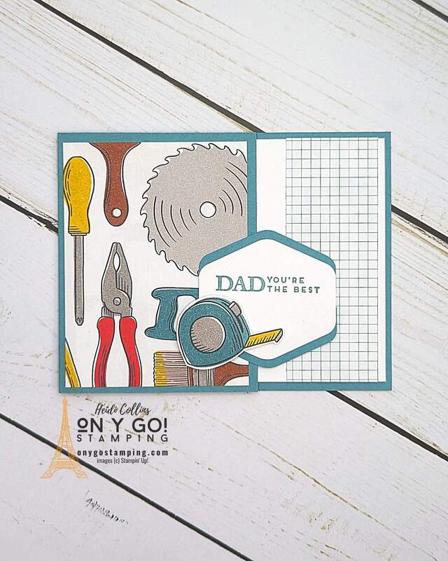 Handmade Father's Day card with a fun fold! This fun fold card design is a gift card holder as well. It uses the Heartfelt Hellos stamp set and Trusty Toolbox patterned paper from Stampin' Up!®️ These items are available exclusively during Sale-A-Bration 2024.