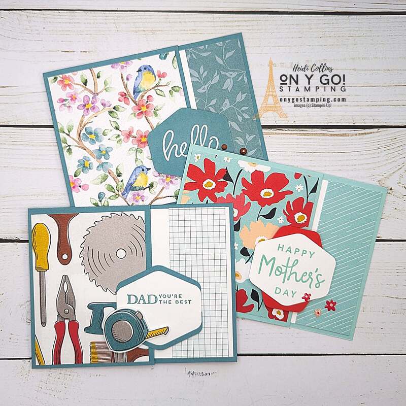 Easy fun fold card design that has a gift card holder. I used the Heartfelt Hellos stamp set on these handmade cards along with different patterned papers. All of these items are available exclusively during Sale-A-Bration 2024 from Stampin' Up!®️
