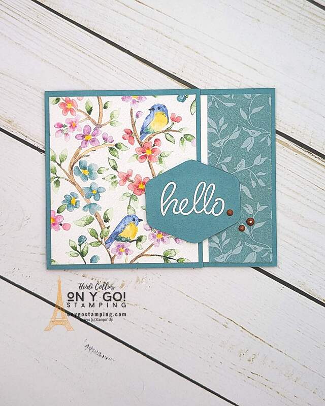 Fun fold card design that holds a gift card. This handmade card uses the Heartfelt Hellos stamp set and the Light and Airy patterned paper from Stampin' Up!®️ Earn these items free with purchase during Sale-A-Bration 2024.
