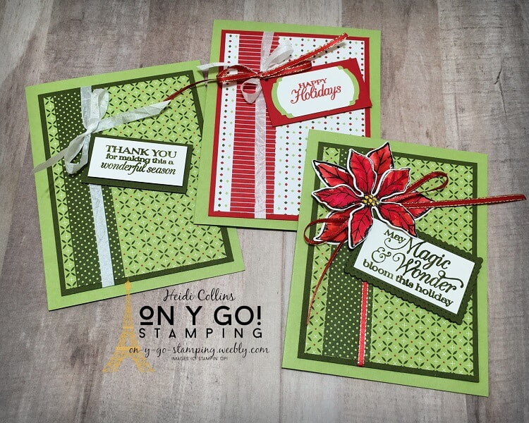 3 card making ideas using the Heartwarming Hugs patterned paper and the Poinsettia Petals stamp set from Stampin' Up! From simple to chic to oh là là! these cards all use the same basic card design.