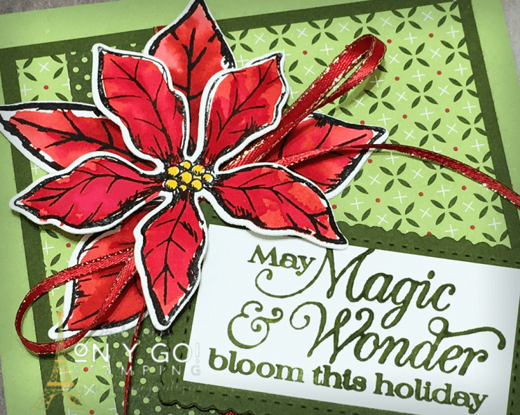 Christmas card idea with the Poinsettia Petals stamp set and the Heartwarming Hugs patterned paper from Stampin' Up! This wow card takes a few extra minutes, but is easy to make!