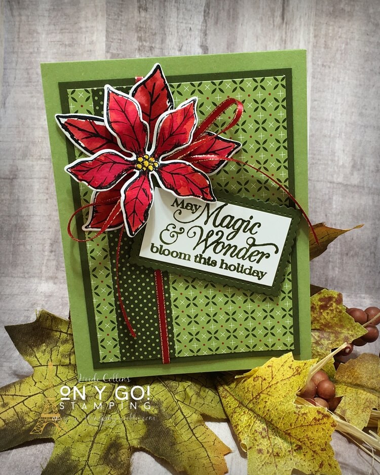 Christmas Card Design using the Poinsettia Petals stamp set and Heartwarming Hugs patterned paper from Stampin' Up! This gorgeous Christmas card features a watercolored Poinsettia.
