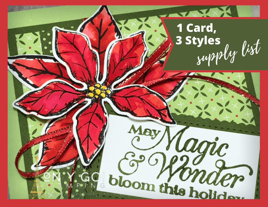 Supply list for three Christmas card ideas using the Heartwarming Hugs Designer Series Paper and the Poinsettia Petals rubber stamp set from Stampin' Up!