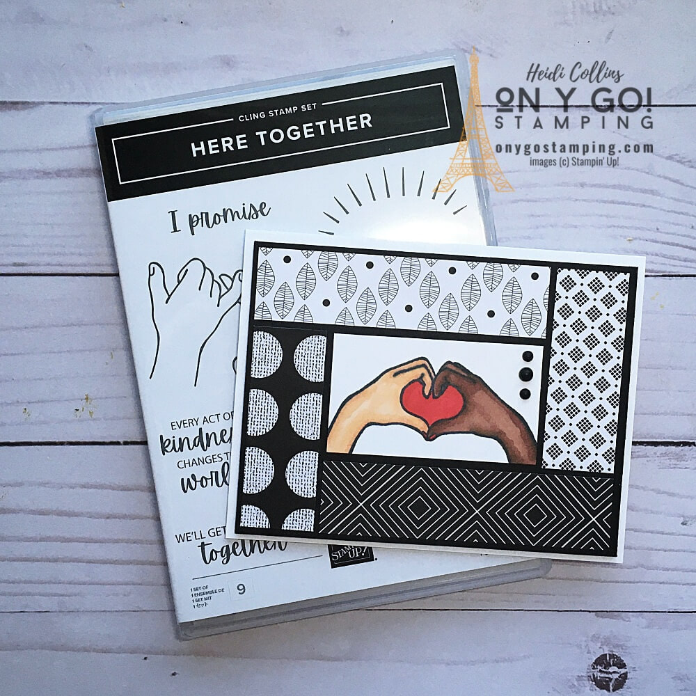 Use the new Here Together stamp set with the All Together patterned paper to create a beautiful black and white card. These products are now available from Stampin' Up!