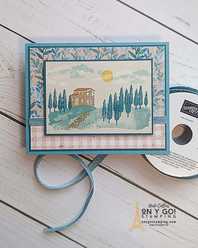Beautiful handmade card with a landscape stamped with the Hills of Tuscany stamp set from Stampin' Up!®️ and the Perennial Lavender patterned paper.