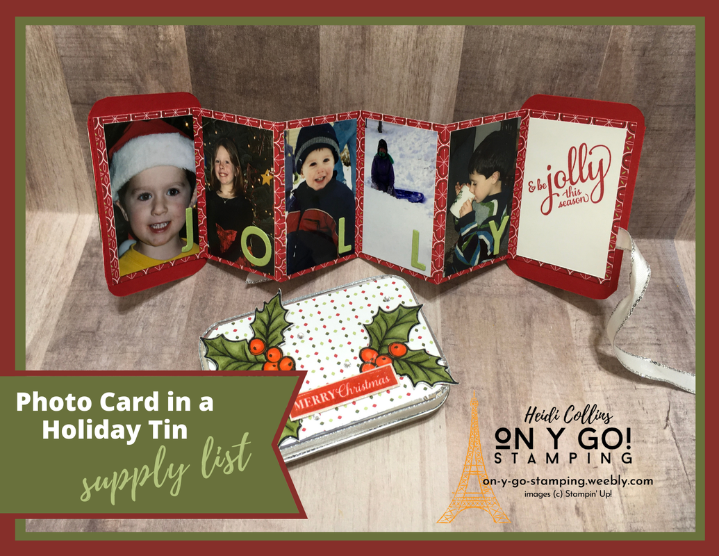 Supply list for a holiday gift card holder or tin and a fold-out photo Christmas card.
