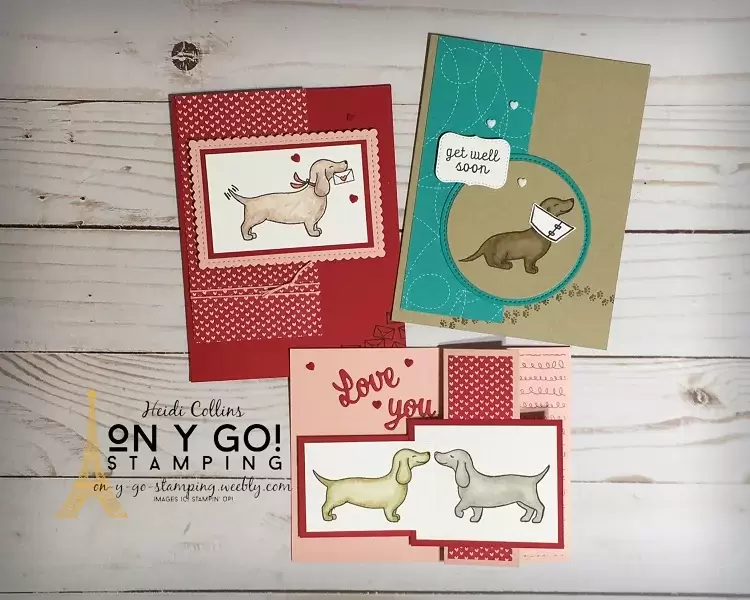 3 card samples using the Hot Dog stamp set from Stampin' Up! This set is perfect for birthday cards, get well cards, valentine's cards, and cards just to say hello.