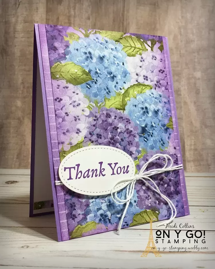 Easy thank you card design using the Hydrangea Hill patterned paper, blending brushes, and the Happy Thoughts stamp set from Stampin' Up!
