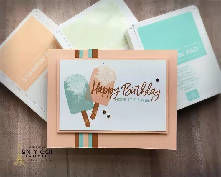 Summer birthday card idea in 70s pastels. Dream back to summers riding your bike with the banana seat to catch the ice cream truck. This fun birthday card offers nostalgia and sparkle. Made with the Ice Cream Corner stamp set from Stampin' Up!
