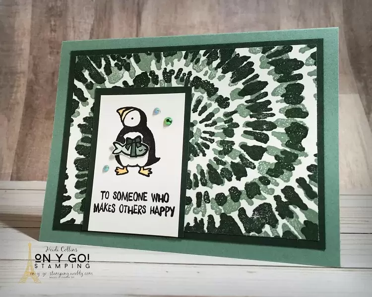 Tie dye card with the Party Puffins stamp set in Evening Evergreen and Soft Succulent. These new 2021-2023 In Colors from Stampin' Up! will be available in May.