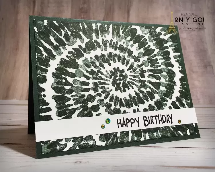 Tie dye birthday card design in Evening Evergreen. This new In Color from Stampin' Up! will be available in the 2021-2022 Annual Catalog. Card design also uses the Spiral Dye and Party Puffins stamp sets.