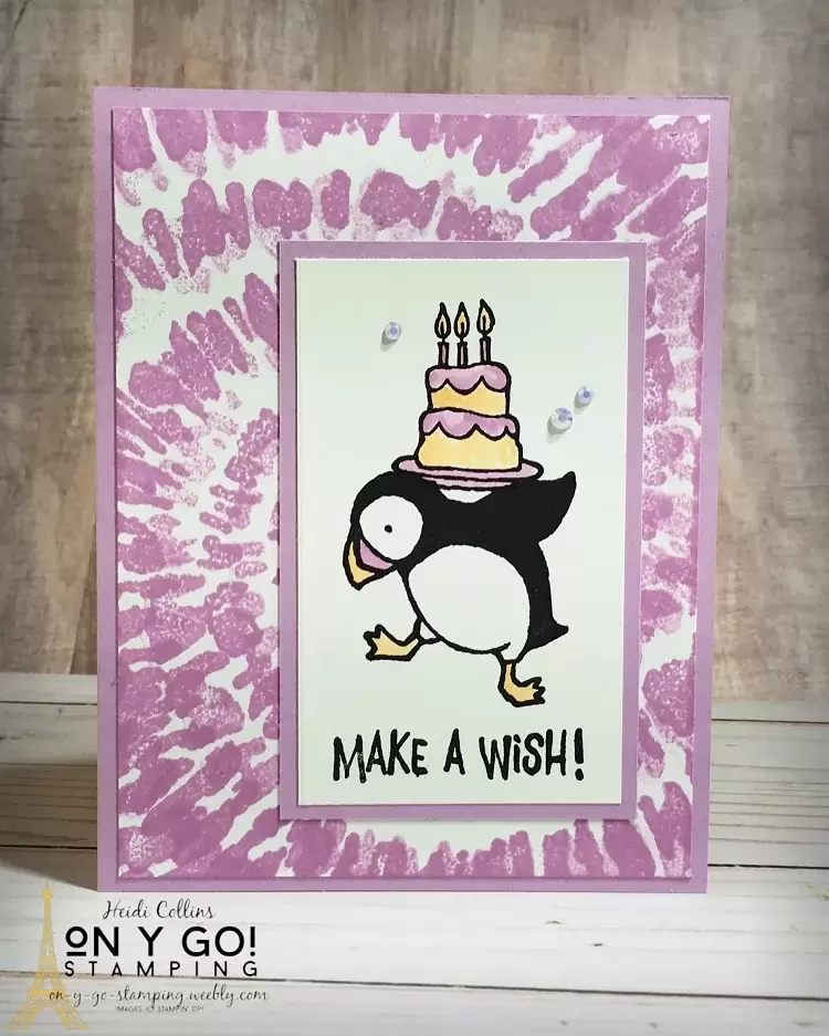 Cute puffin birthday card idea using Fresh Freesia. This new In Color from Stampin' Up! will be available in the 2021-2022 Annual Catalog. Card design also uses the Party Puffins and Spiral Dye stamp sets.