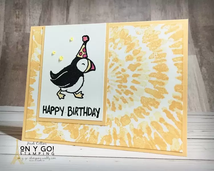 Fun birthday card design in Pale Papaya, one of the new 2021-2023 In Colors from Stampin' Up! This fun card idea uses the Party Puffins and Spiral Dye stamp sets that will be available in the new 2021-2022 Annual Catalog.