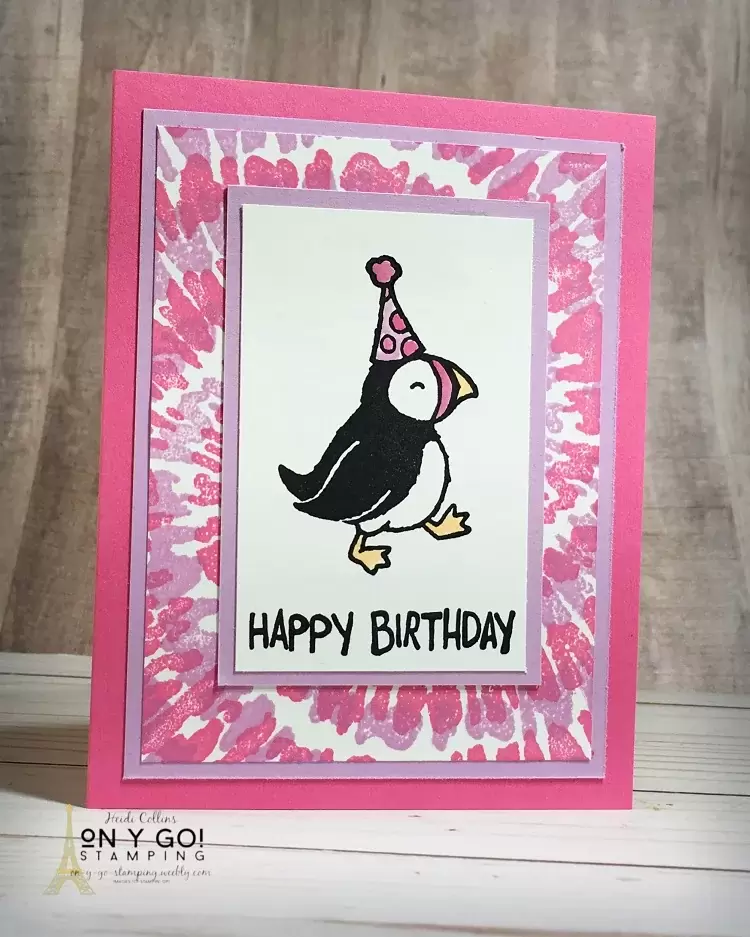 Tie-dye birthday card design with the Party Puffins stamp set. This fun card idea uses the new Polished Pink and Fresh Freesia inks from Stampin' Up! These are part of the 2021-2023 In color collection.