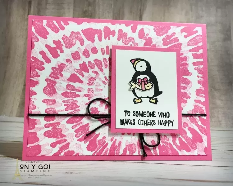Birthday card idea using the new 2021-2023 In Color Polished Pink and the Party Puffins and Sprial Dye stamp sets from Stampin' Up! These fun new stamps will be a available in the 2021-2022 Annual Catalog.