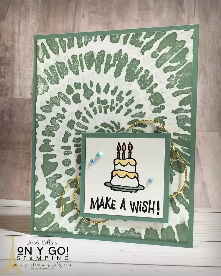 Fun birthday card with a birthday cake from the Party Puffins stamp set. This card is stamped with Soft Succulent the new 2021-2023 In Color from Stampin' Up! The Soft Succulent makes a fun tie-dye effect with the Spiral Dye stamp set.