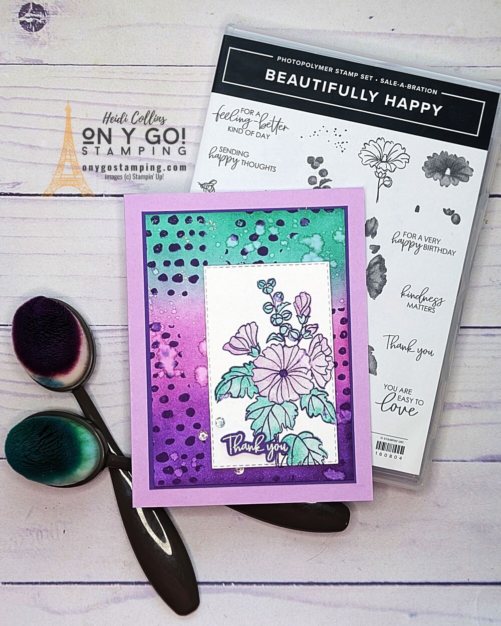 Use a blended ink rubber stamping technique to create a gorgeous handmade thank you card with the Beautifully Happy and Painted Dots stamp sets from Stampin' Up!®