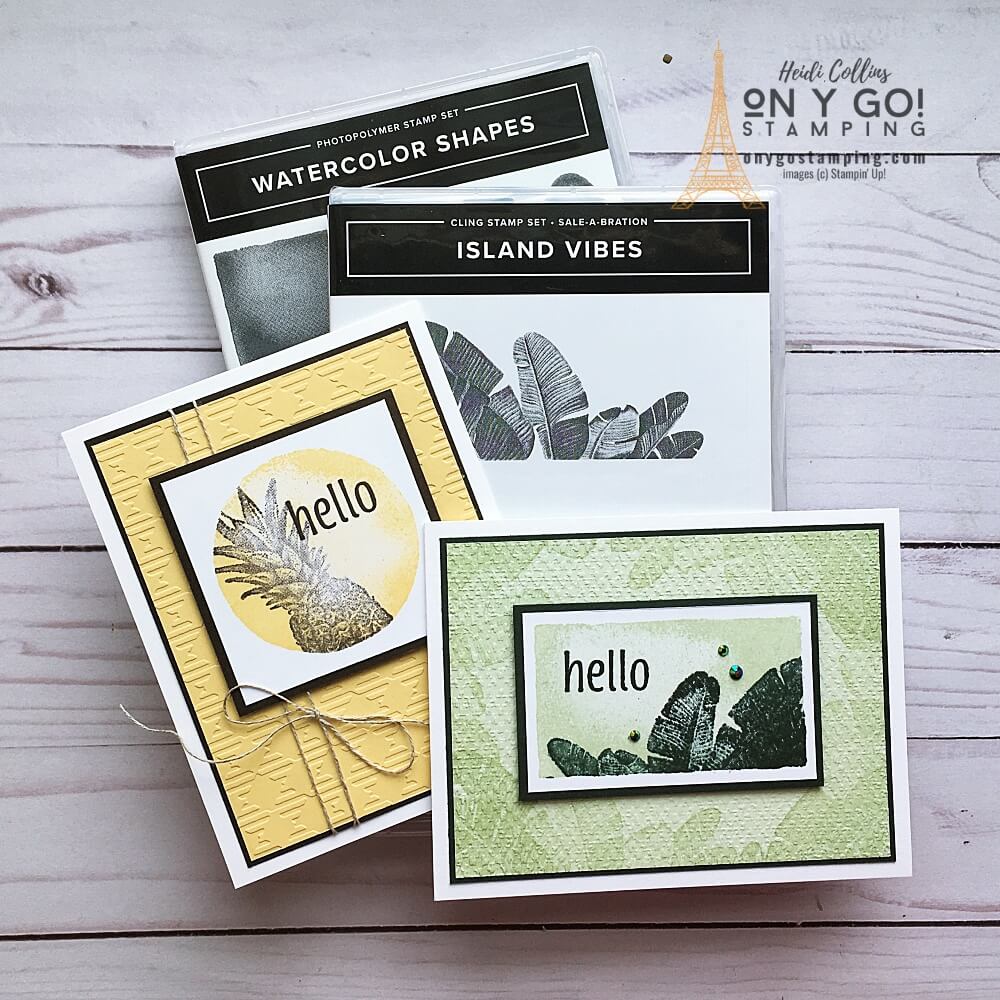 Handmade card ideas using the Island Vibes and Watercolor Shapes stamp sets. See how to do the kissing rubber stamping and cardmaking technique for two images in one.